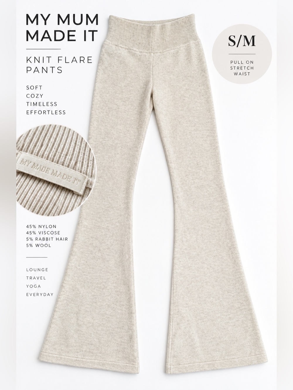 My Mum Made It Knit Flare Pants Womens S/M Cream Rabbit Hair Wool Y2K Lounge